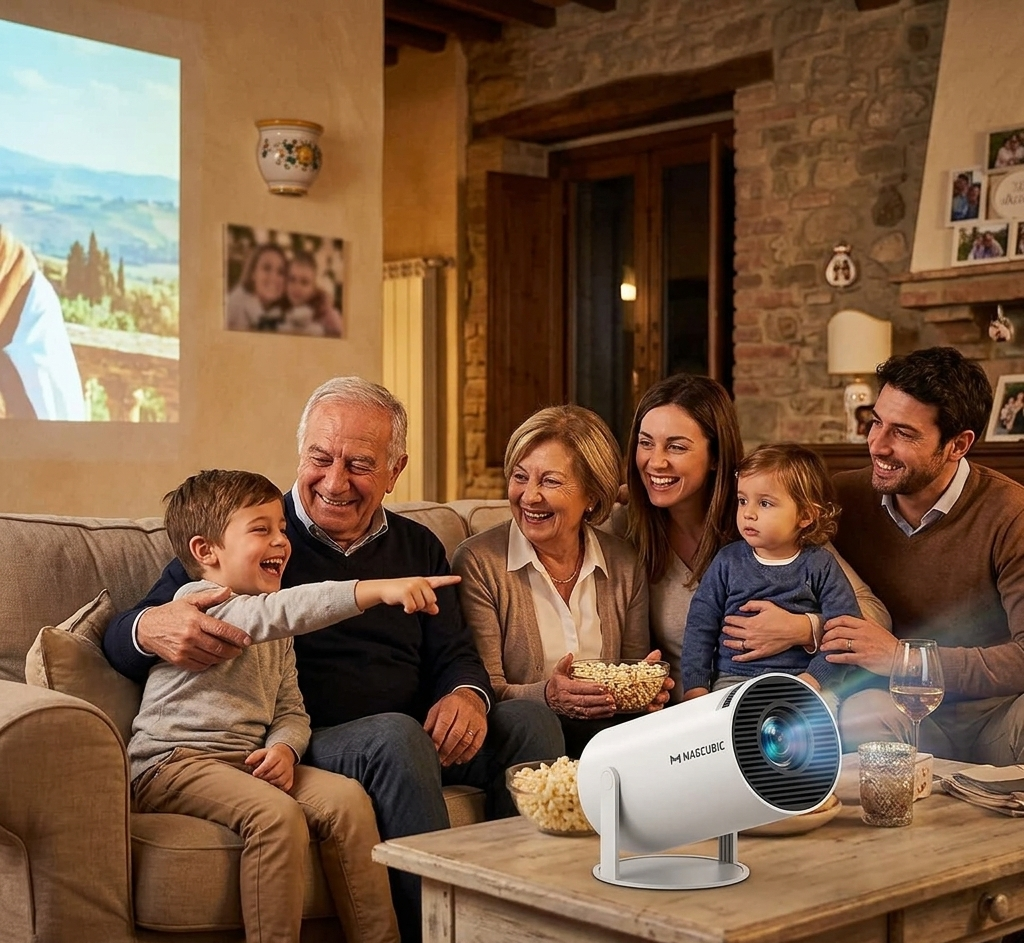 Family gathered around a portable projector in a cozy living room.