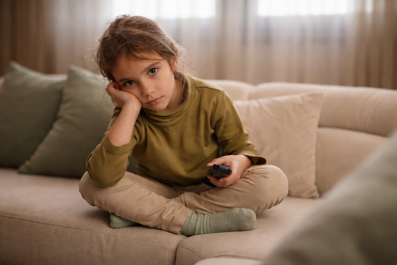 casacinema.shop Child sitting on a couch holding a remote control, looking contemplative.