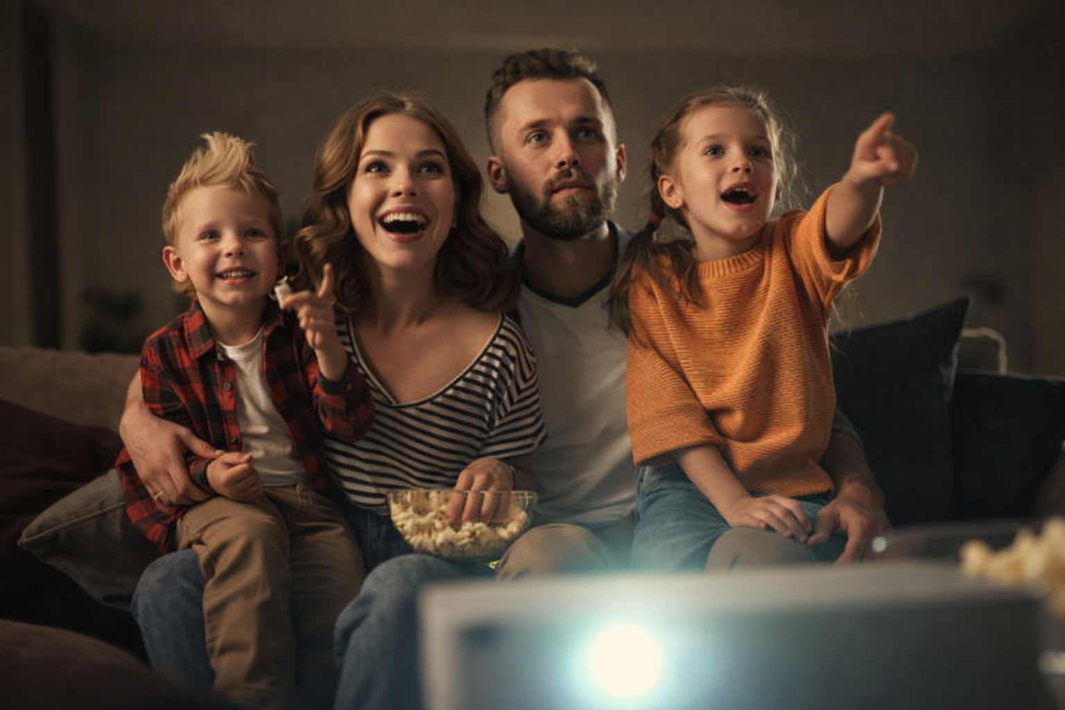  casacinema.shop__a - Family of four enjoying a movie night with popcorn in a dimly lit room.